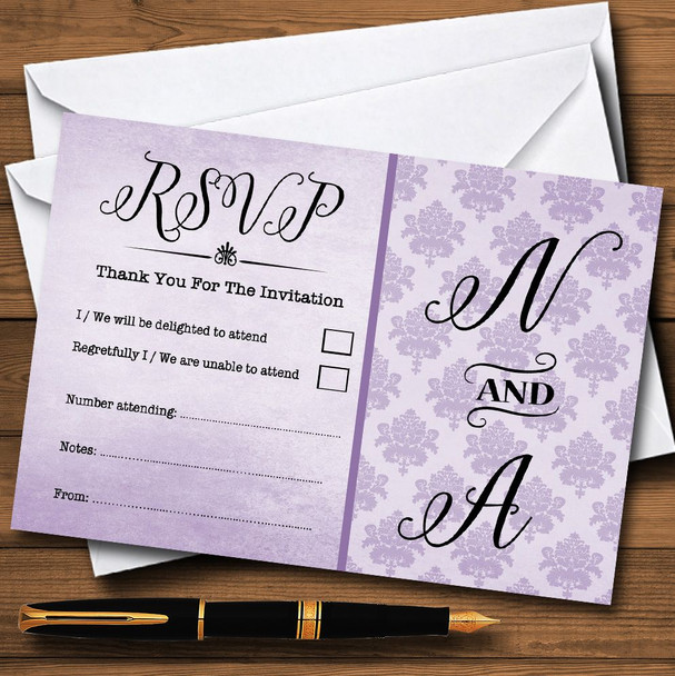 Vintage Damask Initials Lilac Purple Personalised RSVP Cards