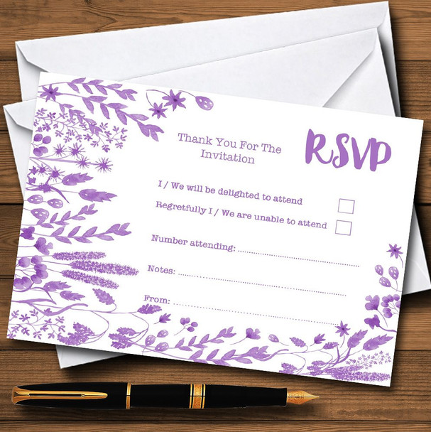 Dusty Purple Autumn Leaves Watercolour Personalised RSVP Cards