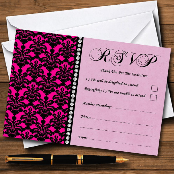 Bright Pink Black Damask & Diamond Personalised RSVP Cards