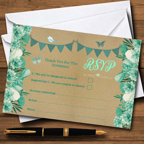 Teal and Mint Green Rustic Bunting and Floral Personalised RSVP Cards