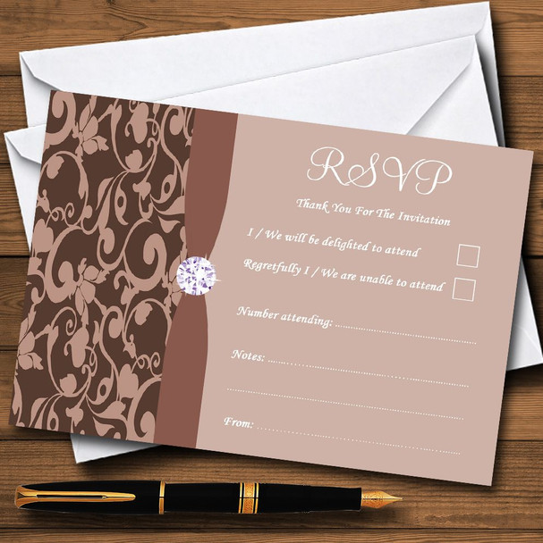 Brown And Fawn Vintage Floral Damask Diamante Personalised RSVP Cards