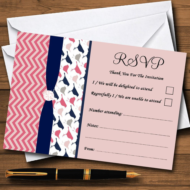 Coral Pink & Navy Blue Shabby Chic Birds Personalised RSVP Cards