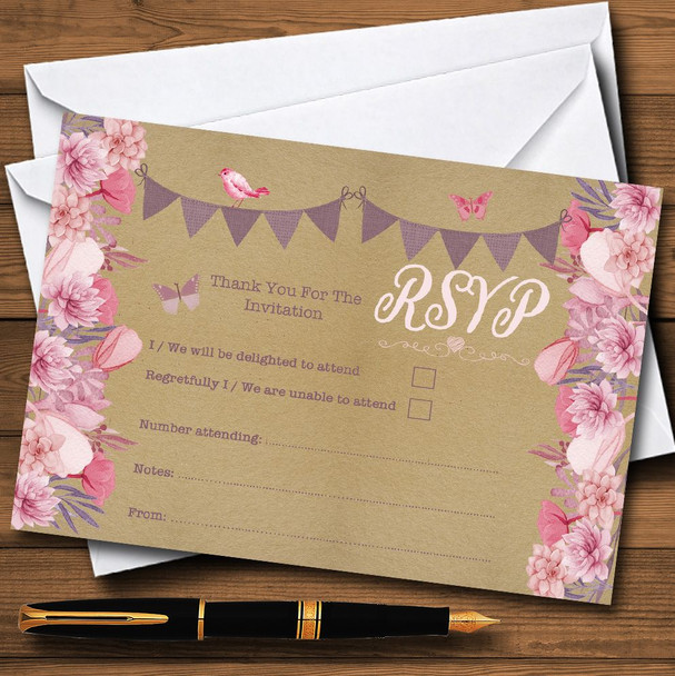 Lilac and Pink Rustic Bunting and Floral Personalised RSVP Cards