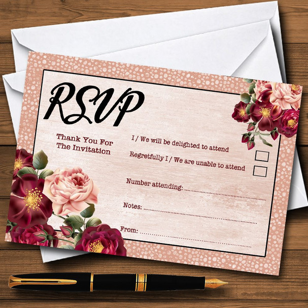 Coral Blush & Deep Red Watercolour Rose Personalised RSVP Cards