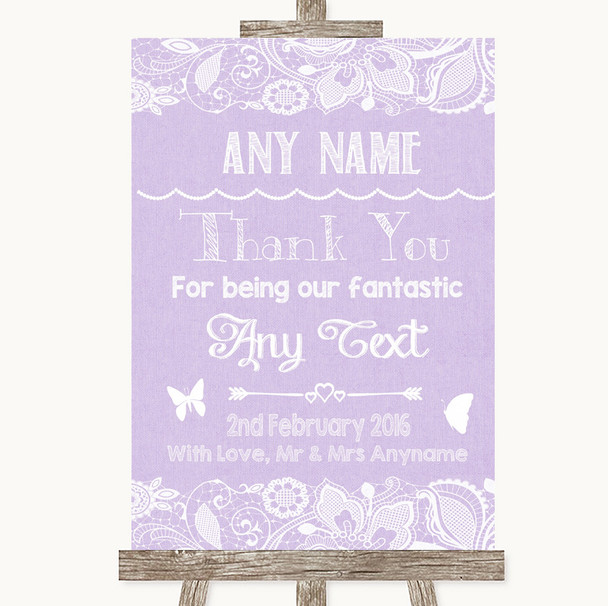 Lilac Burlap & Lace Thank You Bridesmaid Page Boy Best Man Wedding Sign