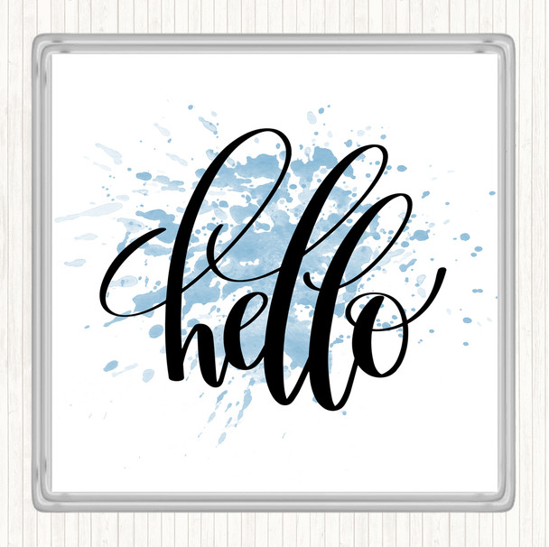 Blue White Hello Swirl Inspirational Quote Drinks Mat Coaster