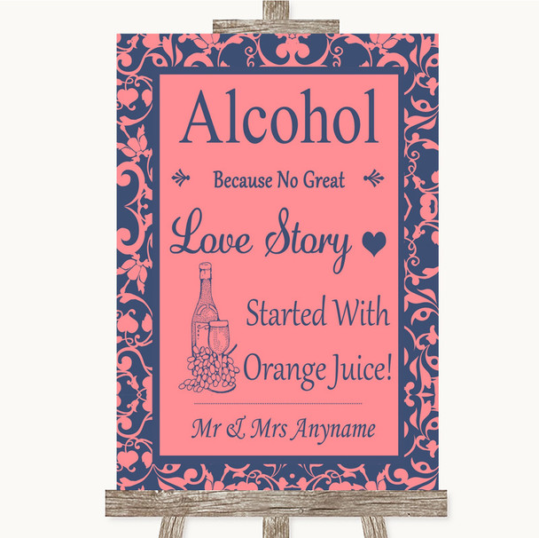 Coral Pink & Blue Alcohol Bar Love Story Personalised Wedding Sign