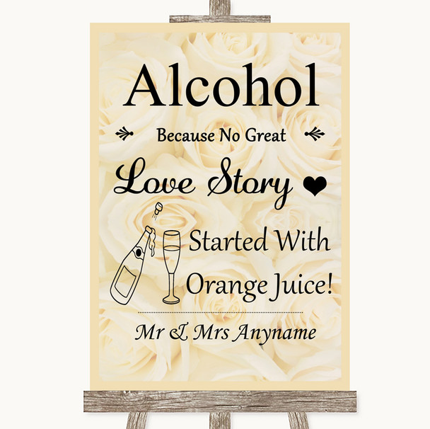 Cream Roses Alcohol Bar Love Story Personalised Wedding Sign