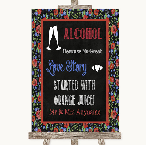Floral Chalk Alcohol Bar Love Story Personalised Wedding Sign