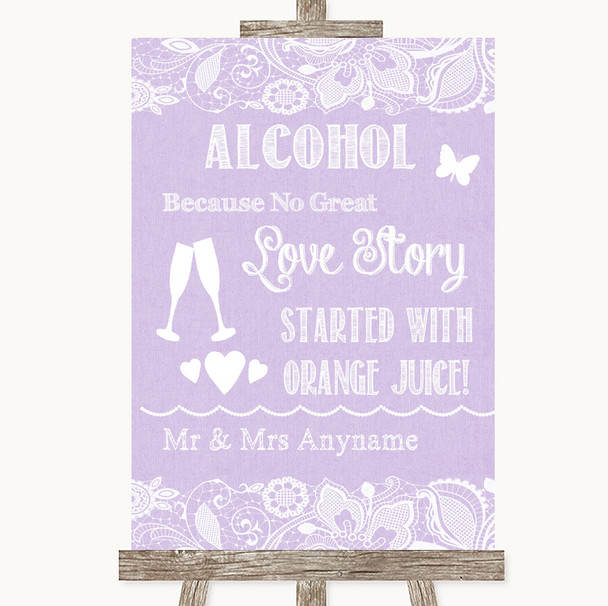 Lilac Burlap and Lace Alcohol Bar Love Story Personalised Wedding Sign