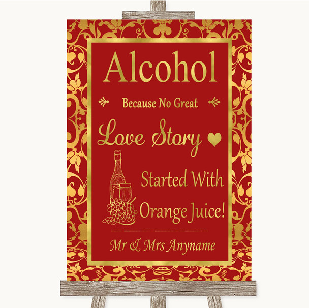Red and Gold Alcohol Bar Love Story Personalised Wedding Sign