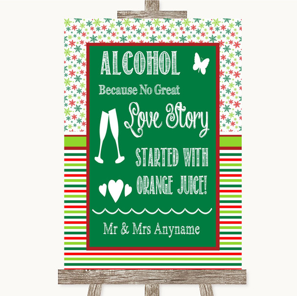 Red & Green Winter Alcohol Bar Love Story Personalised Wedding Sign