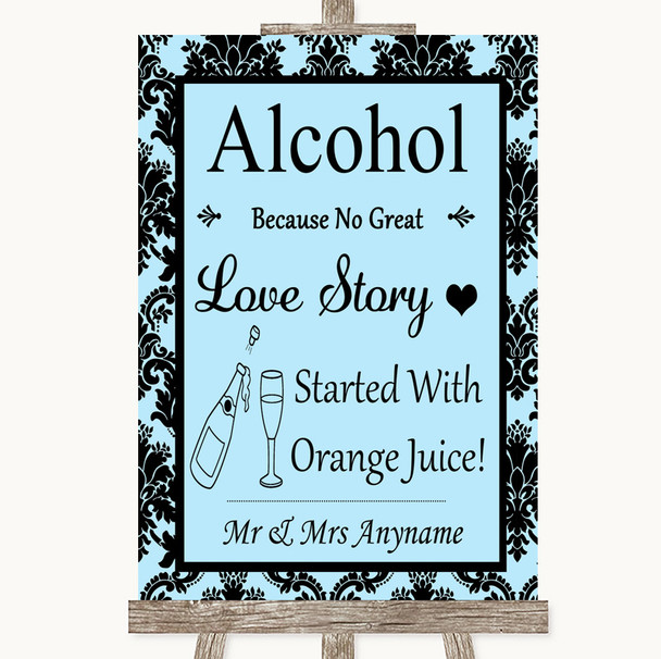 Sky Blue Damask Alcohol Bar Love Story Personalised Wedding Sign