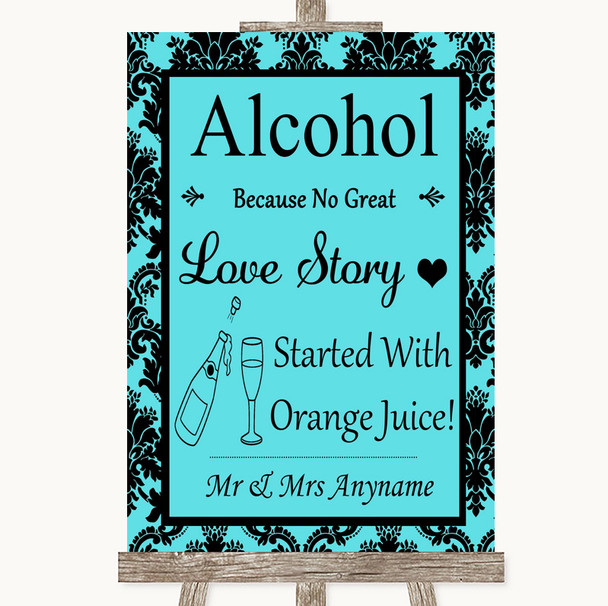 Tiffany Blue Damask Alcohol Bar Love Story Personalised Wedding Sign