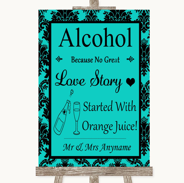 Turquoise Damask Alcohol Bar Love Story Personalised Wedding Sign