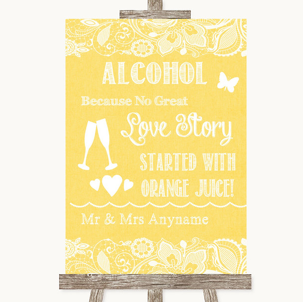 Yellow Burlap & Lace Alcohol Bar Love Story Personalised Wedding Sign