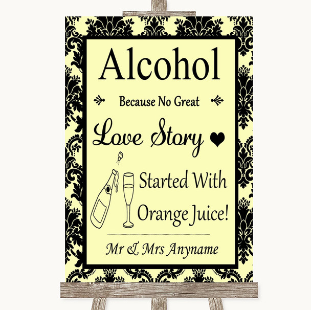 Yellow Damask Alcohol Bar Love Story Personalised Wedding Sign