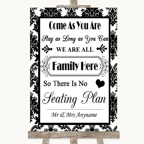 Black & White Damask All Family No Seating Plan Personalised Wedding Sign