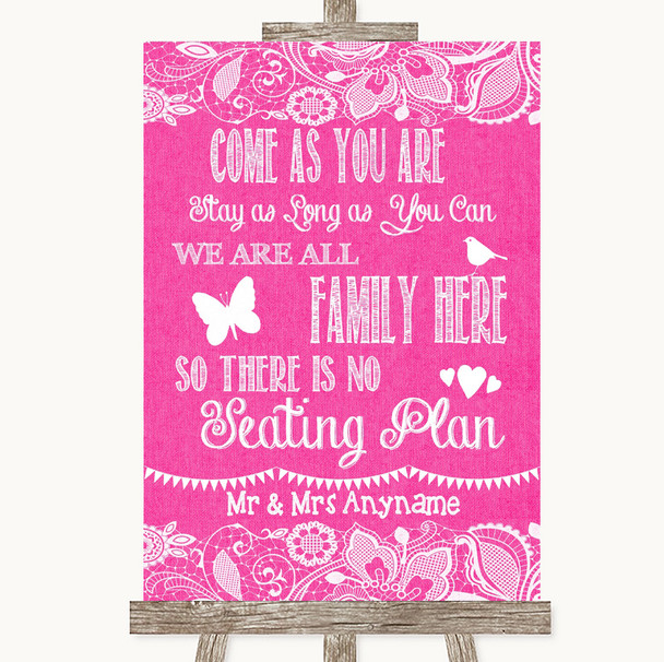 Bright Pink Burlap & Lace All Family No Seating Plan Personalised Wedding Sign