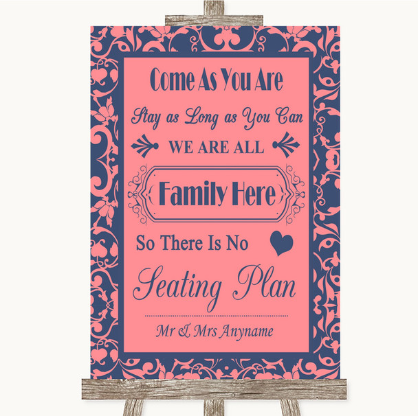 Coral Pink & Blue All Family No Seating Plan Personalised Wedding Sign