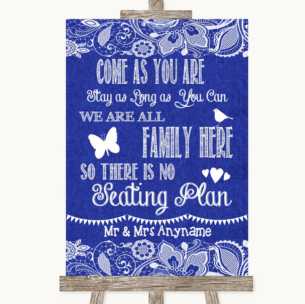 Navy Blue Burlap & Lace All Family No Seating Plan Personalised Wedding Sign