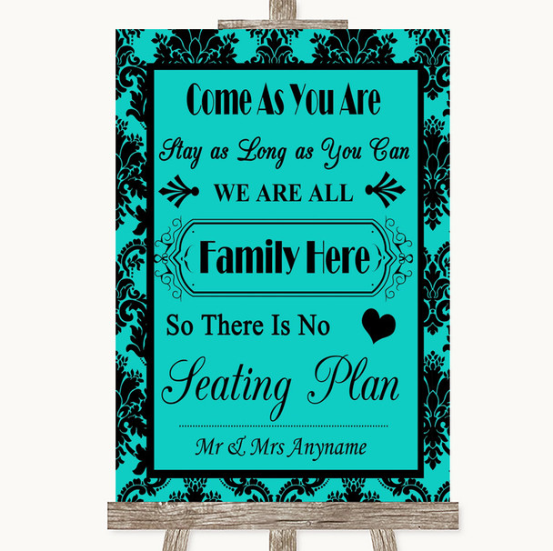 Turquoise Damask All Family No Seating Plan Personalised Wedding Sign