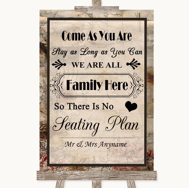 Vintage All Family No Seating Plan Personalised Wedding Sign