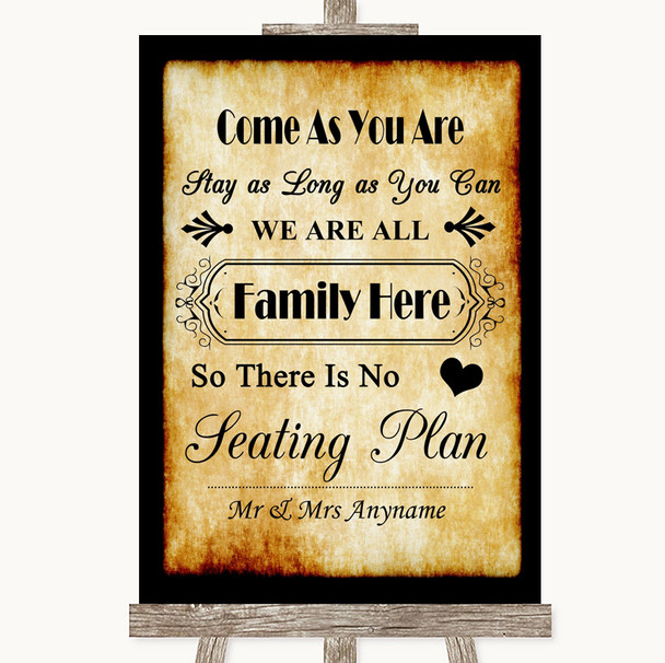 Western All Family No Seating Plan Personalised Wedding Sign