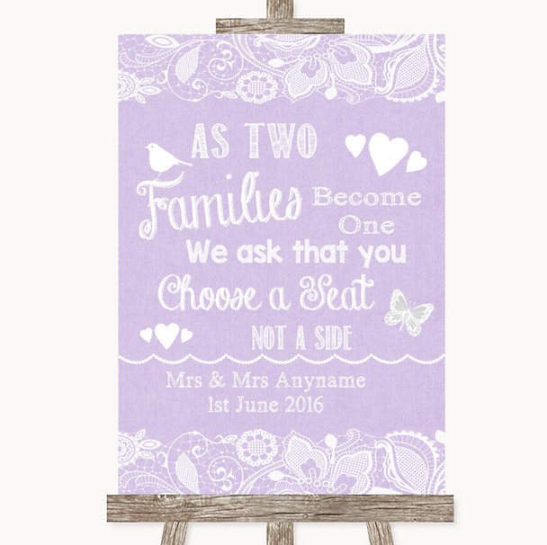 Lilac Burlap & Lace As Families Become One Seating Plan Wedding Sign