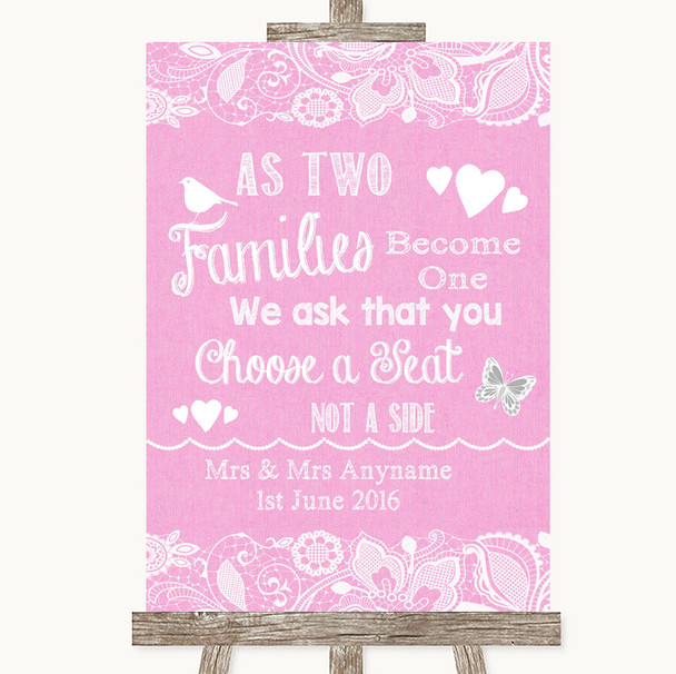 Pink Burlap & Lace As Families Become One Seating Plan Personalised Wedding Sign