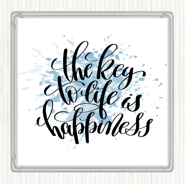 Blue White Key To Life Is Happiness Inspirational Quote Drinks Mat Coaster