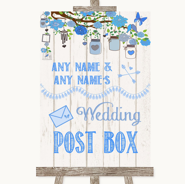 Blue Rustic Wood Card Post Box Personalised Wedding Sign