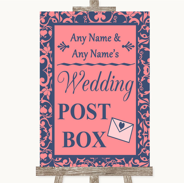 Coral Pink and Blue Card Post Box Personalised Wedding Sign