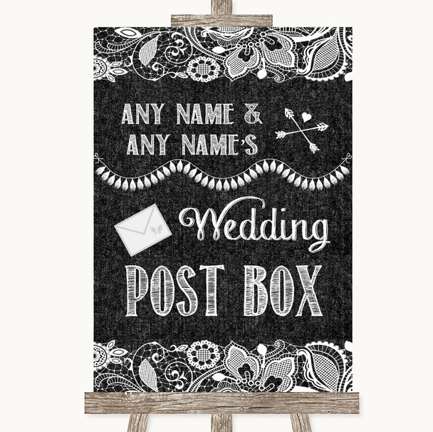 Dark Grey Burlap & Lace Card Post Box Personalised Wedding Sign