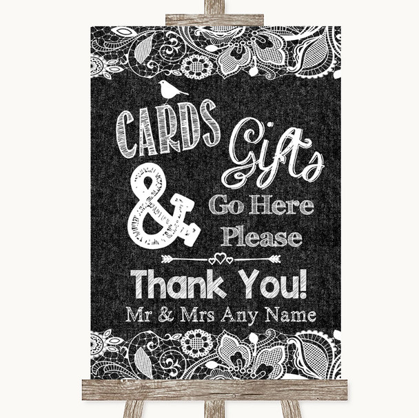 Dark Grey Burlap and Lace Cards and Gifts Table Personalised Wedding Sign