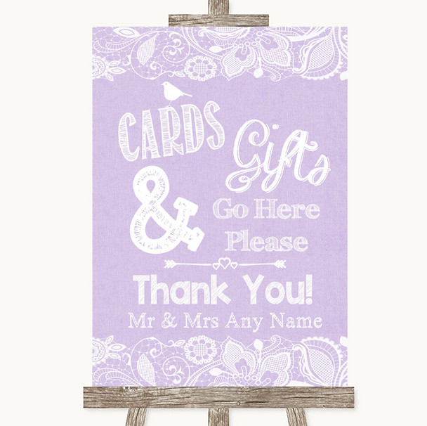 Lilac Burlap & Lace Cards & Gifts Table Personalised Wedding Sign