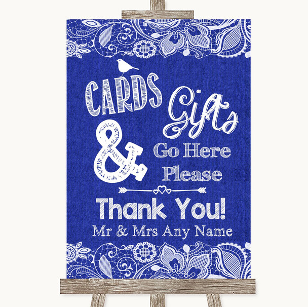 Navy Blue Burlap & Lace Cards & Gifts Table Personalised Wedding Sign