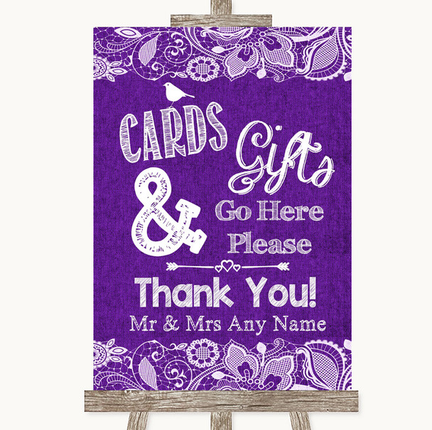 Purple Burlap & Lace Cards & Gifts Table Personalised Wedding Sign