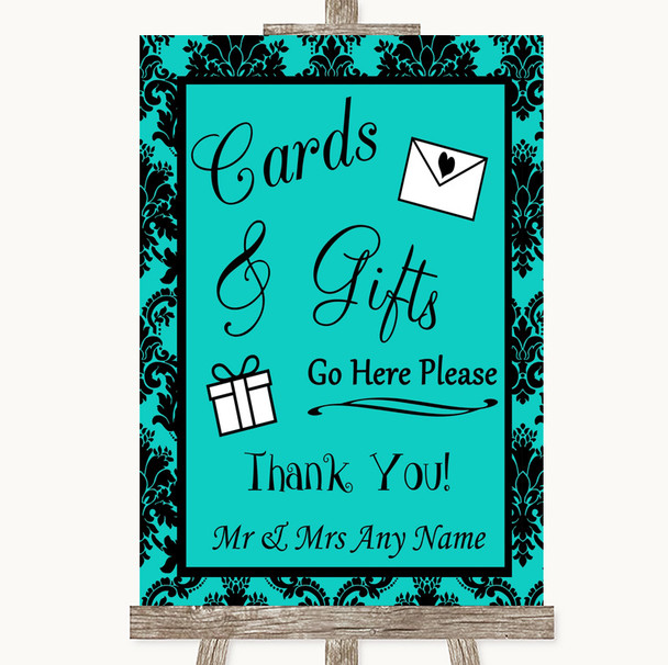 Turquoise Damask Cards & Gifts Table Personalised Wedding Sign