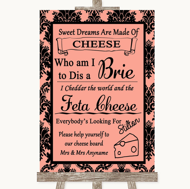 Coral Damask Cheese Board Song Personalised Wedding Sign