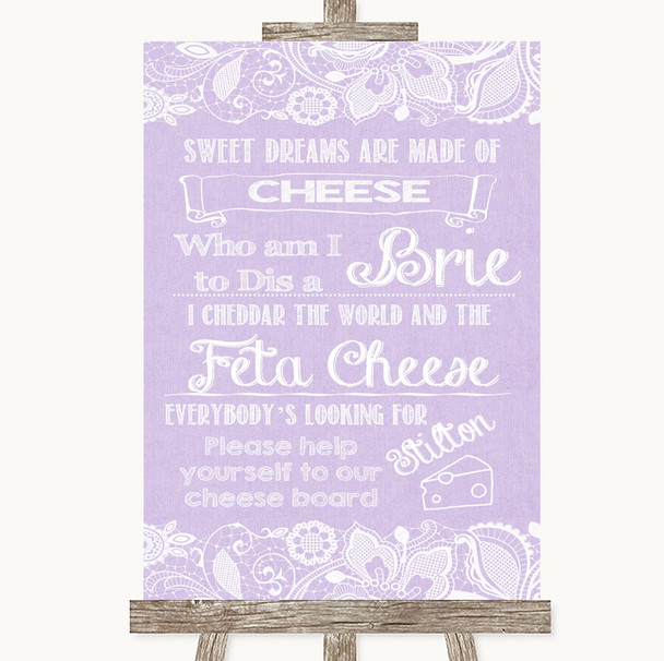 Lilac Burlap & Lace Cheese Board Song Personalised Wedding Sign