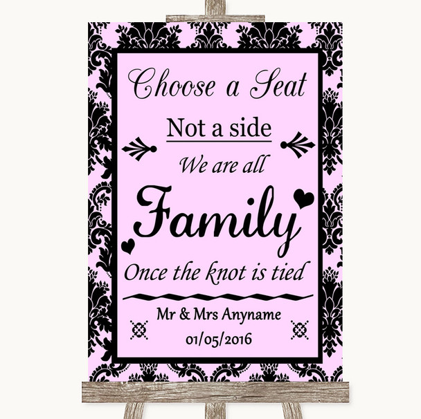 Baby Pink Damask Choose A Seat We Are All Family Personalised Wedding Sign