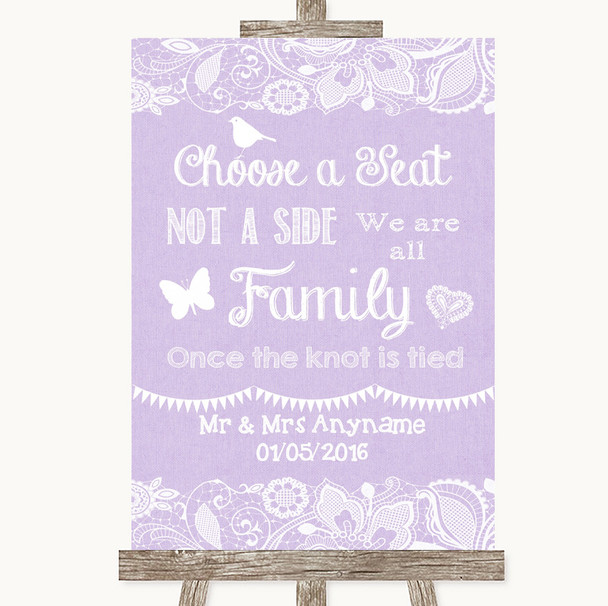 Lilac Burlap & Lace Choose A Seat We Are All Family Personalised Wedding Sign
