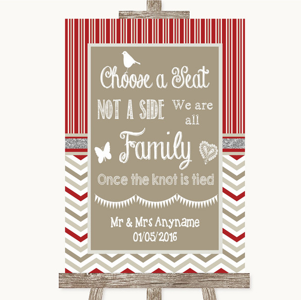 Red & Grey Winter Choose A Seat We Are All Family Personalised Wedding Sign