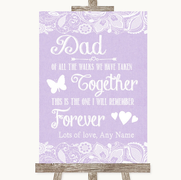 Lilac Burlap & Lace Dad Walk Down The Aisle Personalised Wedding Sign