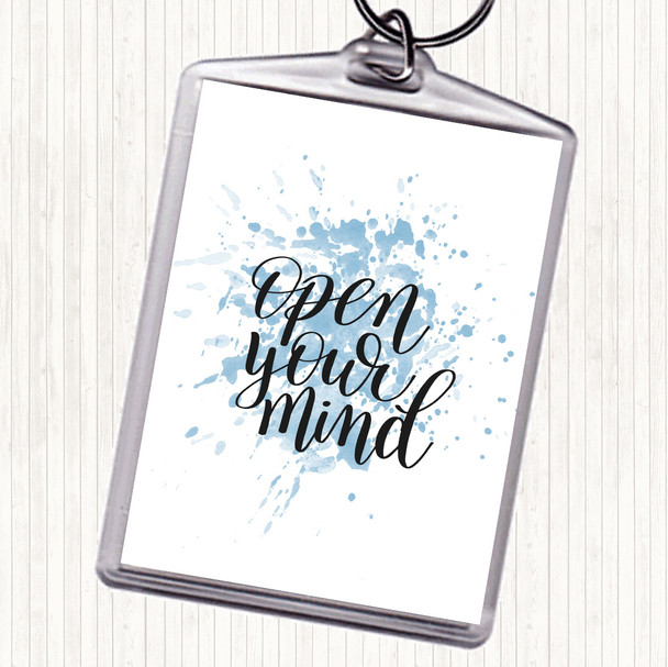 Blue White Open Mind Inspirational Quote Bag Tag Keychain Keyring