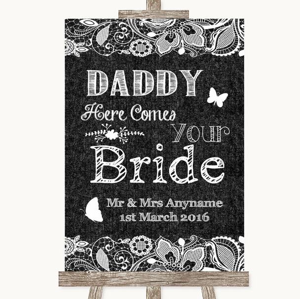 Dark Grey Burlap & Lace Daddy Here Comes Your Bride Personalised Wedding Sign