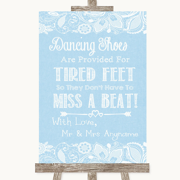 Blue Burlap & Lace Dancing Shoes Flip-Flop Tired Feet Personalised Wedding Sign
