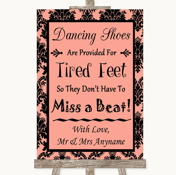 Coral Damask Dancing Shoes Flip-Flop Tired Feet Personalised Wedding Sign