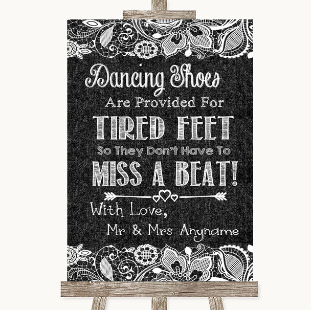 Dark Grey Burlap & Lace Dancing Shoes Flip-Flop Tired Feet Wedding Sign